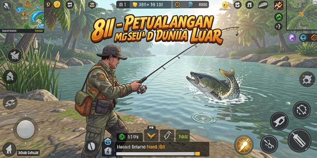 Gameplay 8II menampilkan aksi memancing yang seru di alam terbuka.