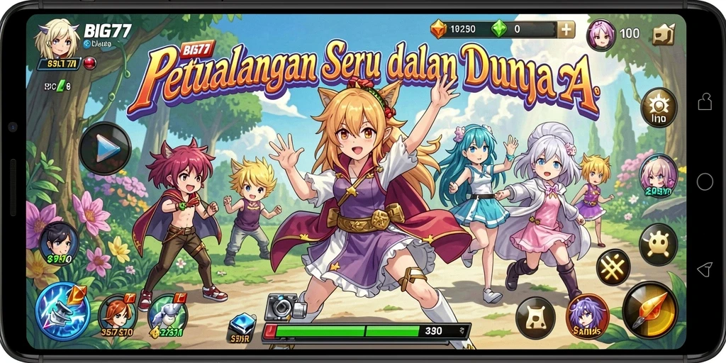 Tampilan gameplay seru dengan karakter anime ikonik.
