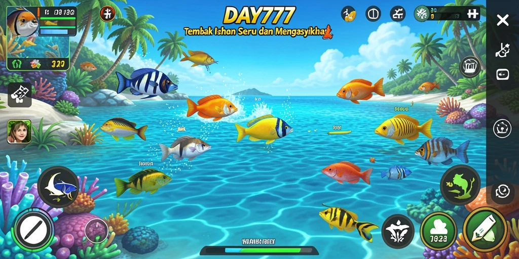 Tampilan gameplay DAY777 yang menegangkan saat berburu ikan.