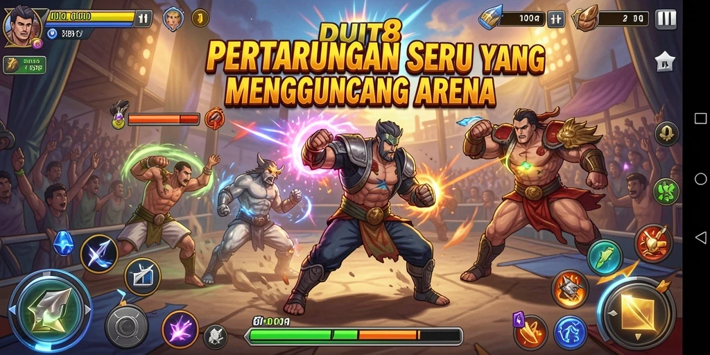 Screenshot permainan DUIT8 menampilkan pertarungan yang seru dan karakter yang dinamis.