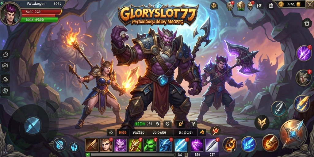 Tangkapan layar utama GLORYSLOT777 menampilkan pertempuran epik di dunia MMORPG.