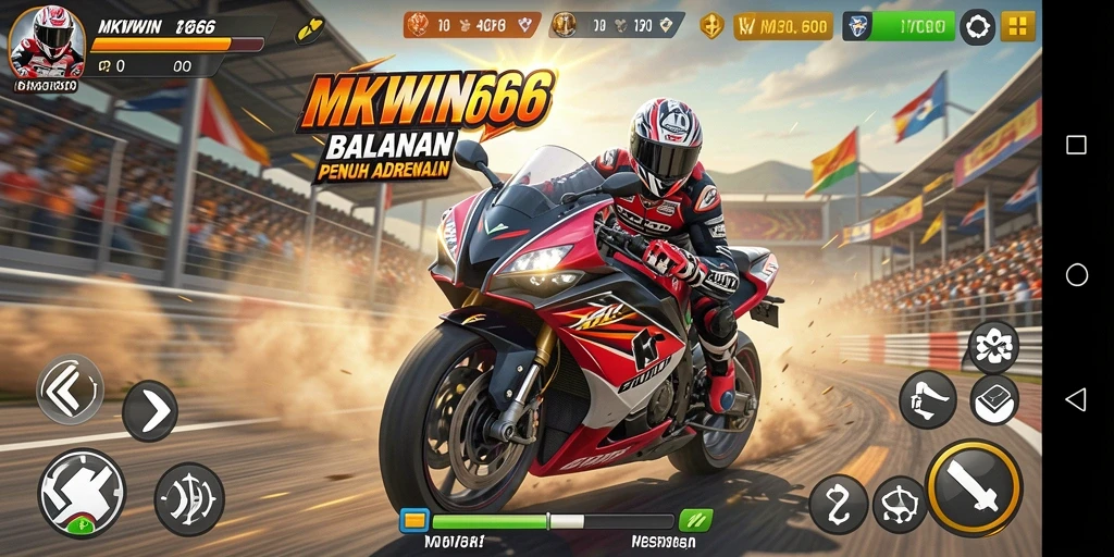 Screenshot gameplay MKWIN666 menampilkan balapan motor yang mendebarkan.