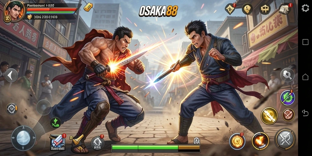 Screenshot gameplay menunjukkan pertarungan seru antar karakter di OSAKA88.