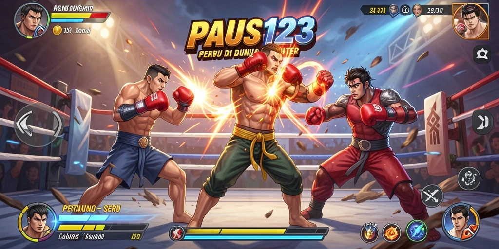 Screenshot gameplay PAUS123 menampilkan pertarungan epik dengan karakter yang beraksi.