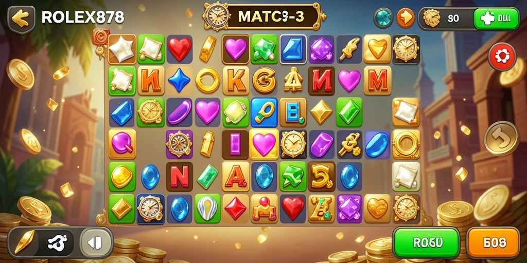 Tangkapan layar gameplay <strong>ROLEX878</strong> menunjukkan permata yang berwarna-warni dan tantangan seru.