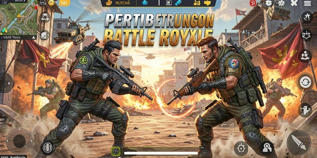Screenshot utama RVIP3 menampilkan aksi seru di arena Battle Royale.