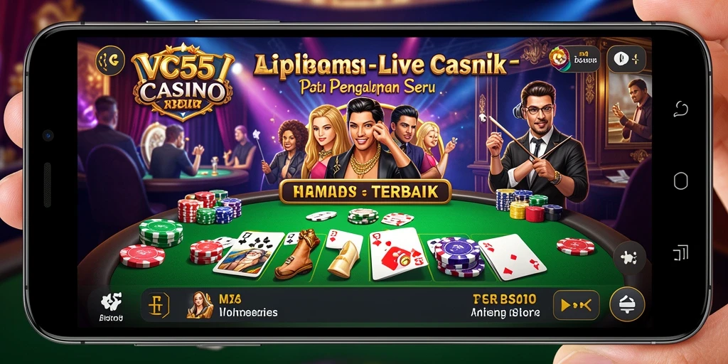 Screenshot gameplay VC55 dengan dealer langsung dan suasana kasino.